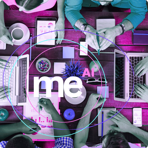Overhead branded image of people working around a table with laptops and notes, overlaid with “me” and “AI” to show how AI enters individual work. Overhead branded image of people working around a table with laptops and notes, overlaid with “me” and “AI” to show how AI enters individual work.